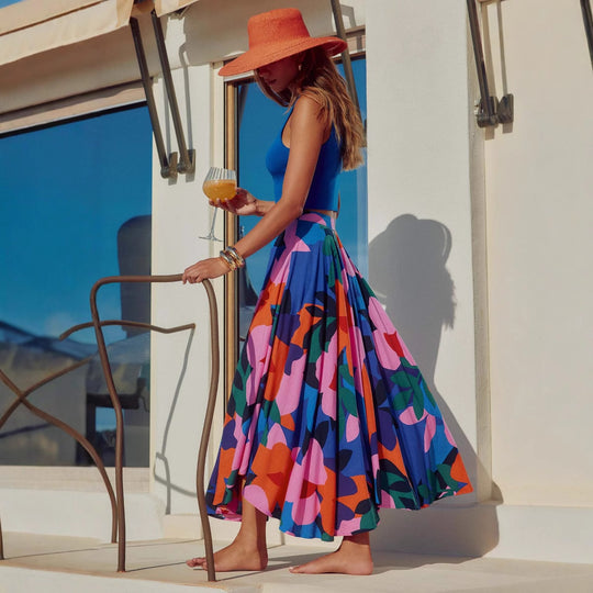 Damen Maxi-Rock mit buntem Blumendesign und fließendem Fall EB