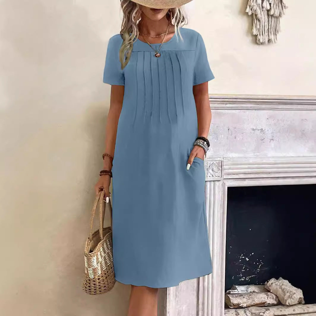 Damen lässiges Midi-Kleid mit Falten-Design und praktischen Taschen EB