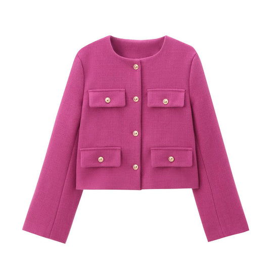 Damen Modische Kurzjacke mit dekorativen Knöpfen und praktischen Taschen EB