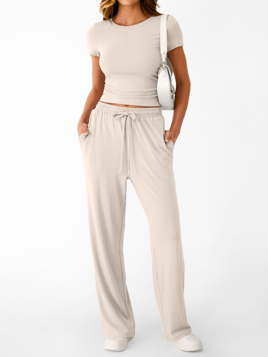 Damen lässiger Freizeitanzug mit kurzen Ärmel und weiten Hosen EB