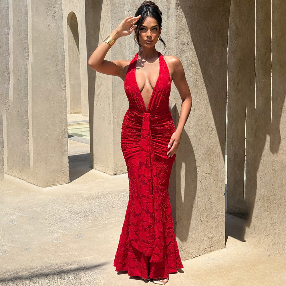 Damen Elegantes Maxikleid mit tiefem V-Ausschnitt und strukturierter Raffung EB