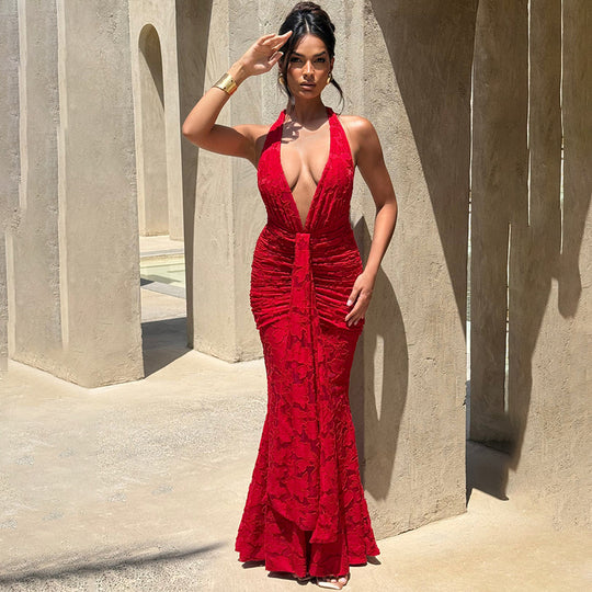 Damen Elegantes Maxikleid mit tiefem V-Ausschnitt und strukturierter Raffung EB