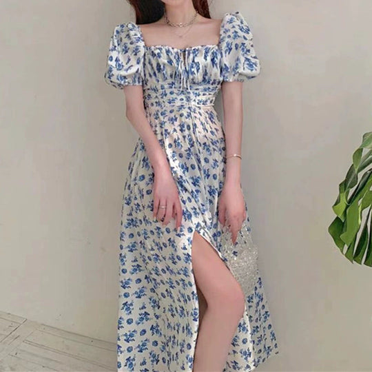 Damen Maxikleid mit eleganten Puffärmeln und floralem Design EB