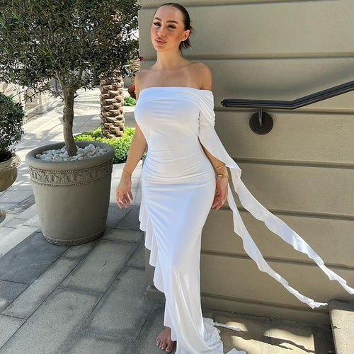 Damen Elegantes Off-Shoulder Maxikleid mit fließendem Stoff und bezaubernden Rüschen EB