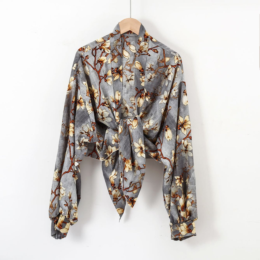Damen nan florale Knoten-Bluse im Wickelstil mit Ballonärmeln und leichter Leinenoptik EB