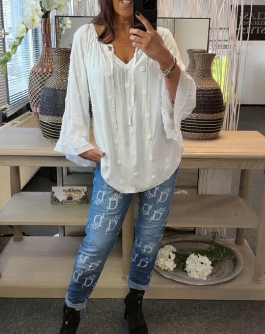 Damen Bluse mit voluminösen Ärmeln und dekorativen Knopfdetails Heidi-Mode
