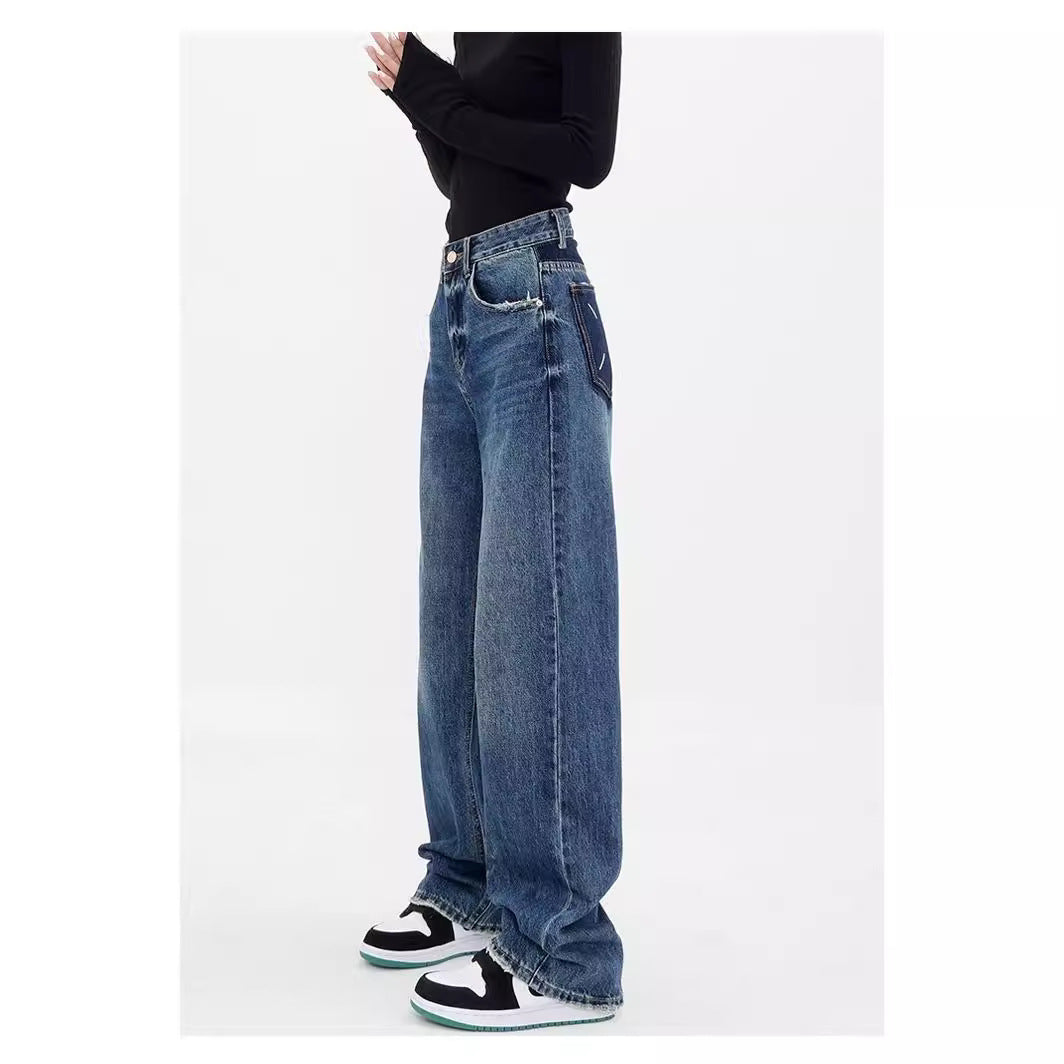 Damen weit geschnittene Denim-Hose mit stilvollen Fransendetails EB