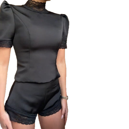 Damen Satin Schlafshorts mit Spitzenverzierung EB