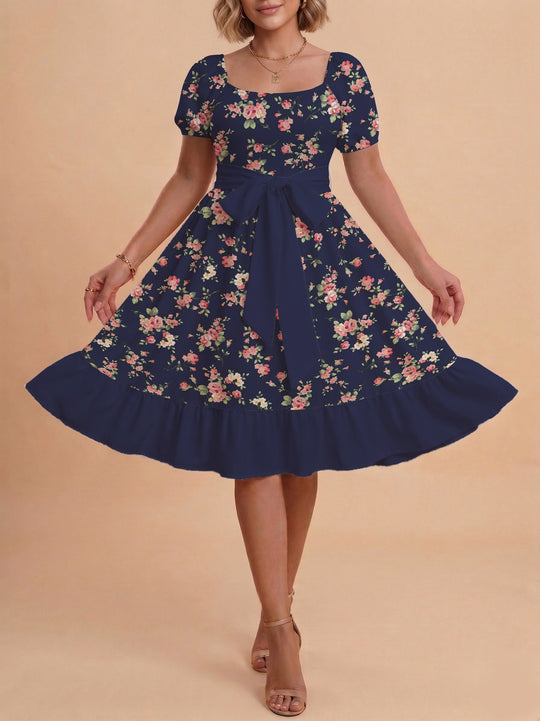 Damen Blumenkleid mit taillierbarem Gürtel und voluminösen Ärmeln EB