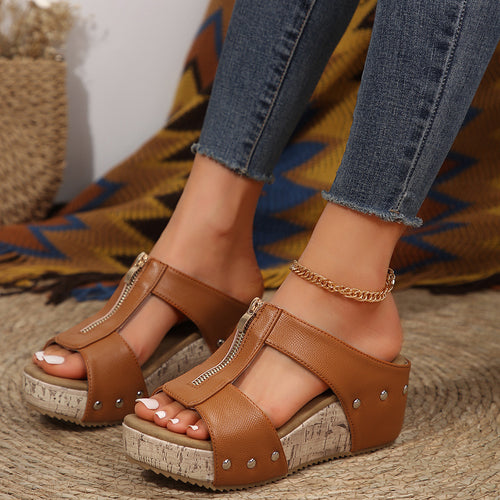 Damen Wedge-Sandalen mit praktischem Reißverschluss und hochwertigem Kork-Design EB