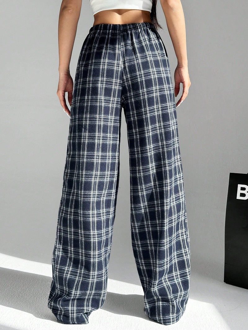 Damen Weit geschnittene Karohose mit elastischem Bund und praktischen Taschen EB