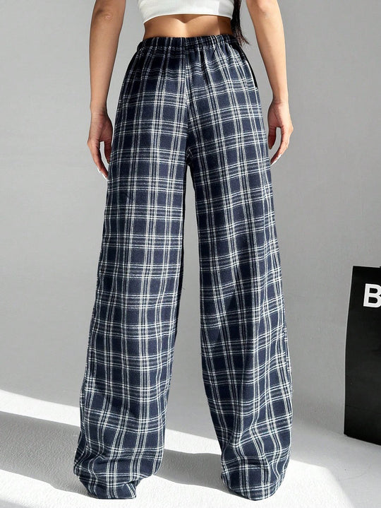 Damen Weit geschnittene Karohose mit elastischem Bund und praktischen Taschen EB
