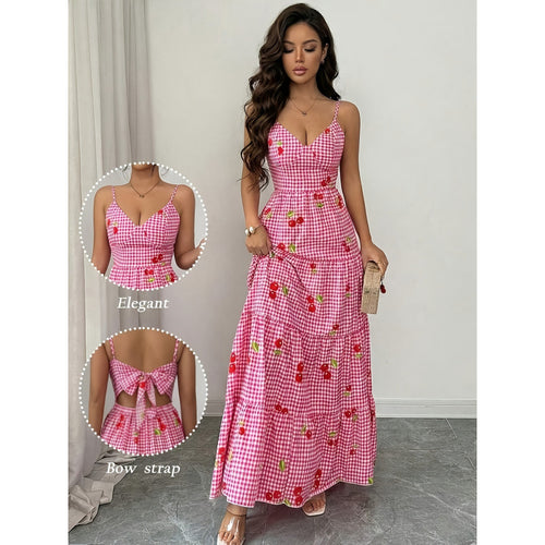 Damen Maxikleid mit floralem Karomuster und Schleifen-Trägern EB