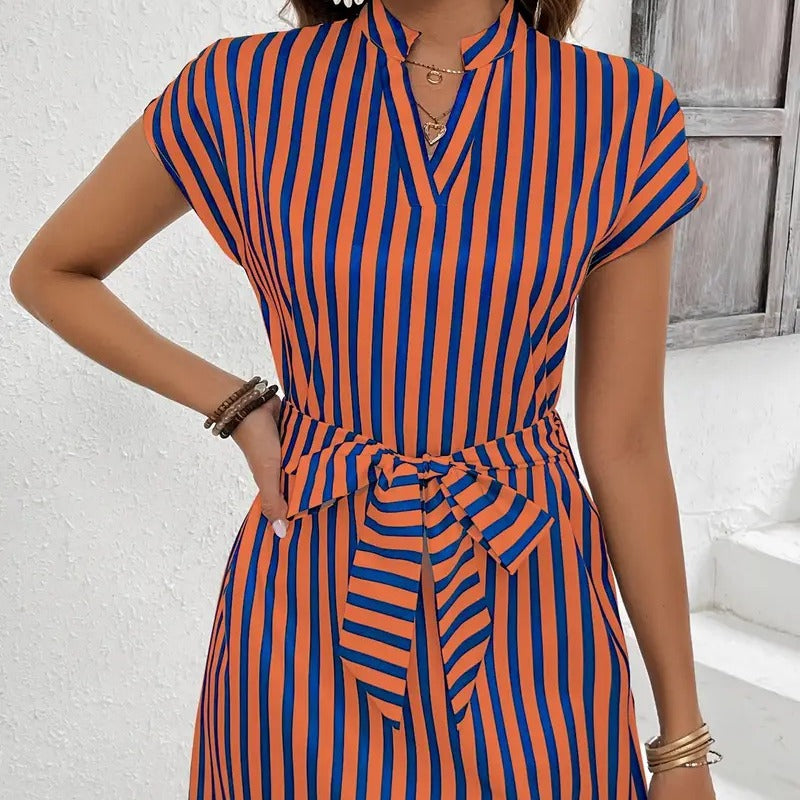 Damen Kurzarmkleid mit Gürtel und Streifenmuster EB