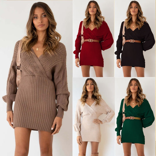 Damen Strickkleid mit tiefem V-Ausschnitt und zauberhaften Puffärmeln EB