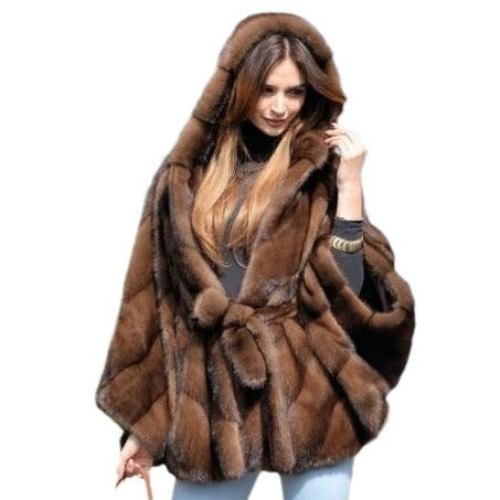 Damen Elegantes Kunstpelz-Cape mit voluminösem Kapuzenkragen und Gürtel EB
