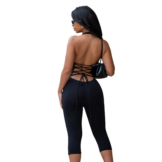 Damen figurbetonter Jersey-Jumpsuit mit tiefem V-Ausschnitt und 3/4-Ärmeln EB