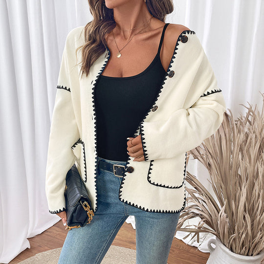Damen modische Strickjacke mit einzigartigen Kontrastnähten EB