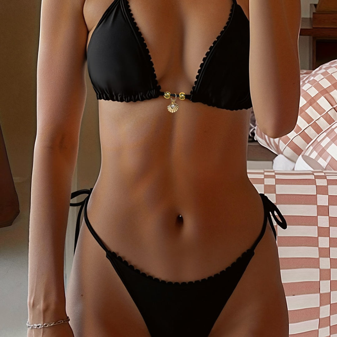 Damen Triangel-Bikini mit dekorativen Trägern und goldenen Akzenten EB