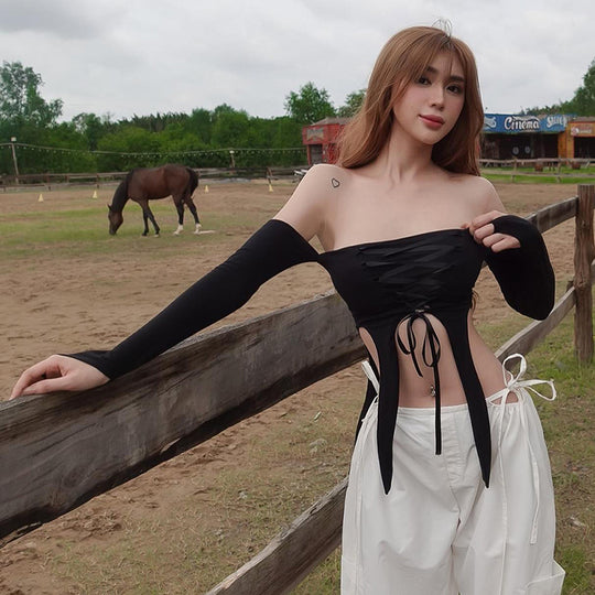 Damen elastisches Off-Shoulder Top mit aufwendiger Schnürung EB