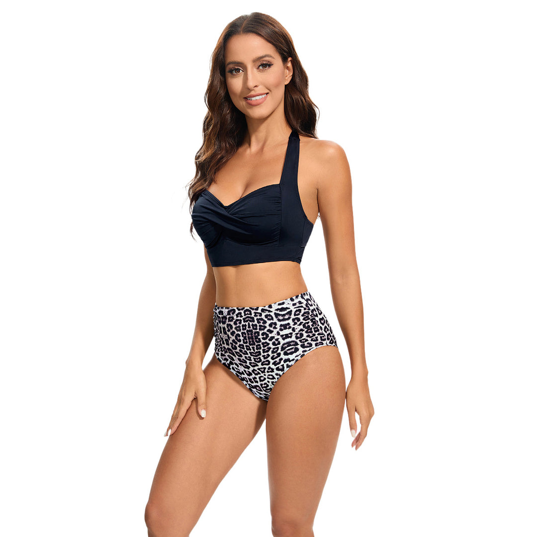 Damen Hochtailliertes Bikini-Set mit gepolstertem Top und Leopardendesign EB