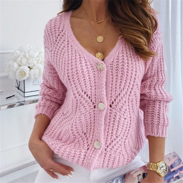 Damen Strickjacke mit V-Ausschnitt und großen Knöpfen EB