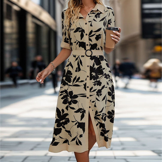 Damen Tailliertes Blusenkleid mit Taillengürtel, Frontknopfleiste und Frontschlitz EB