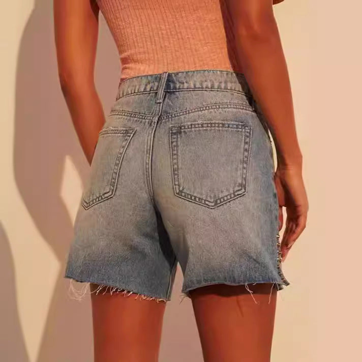 Damen modische Destroyed Denim-Shorts mit Nietenverzierung EB