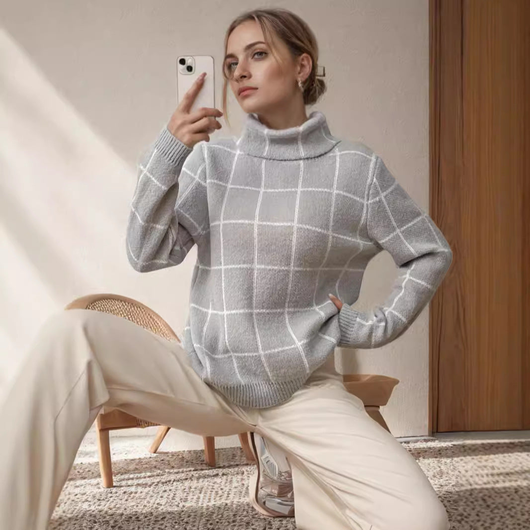 Damen Grobstrickpullover mit modernem Karomuster und hohem Kragen EB
