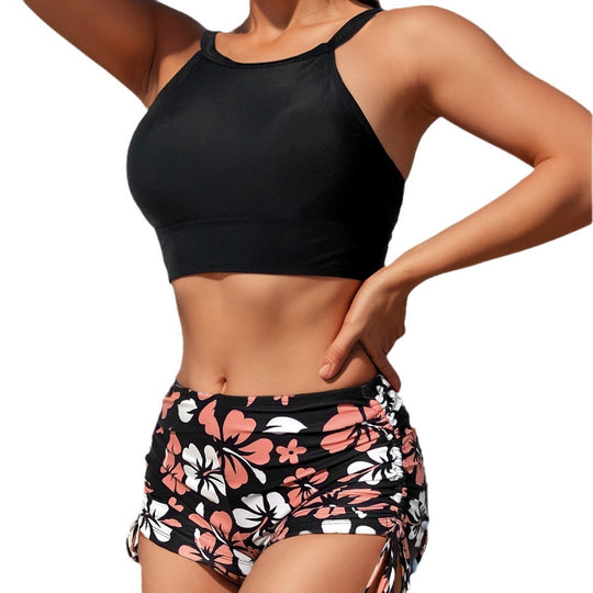 Damen Sportliches Bikini-Set mit hochgeschlossenem Oberteil und Rüschenhose EB