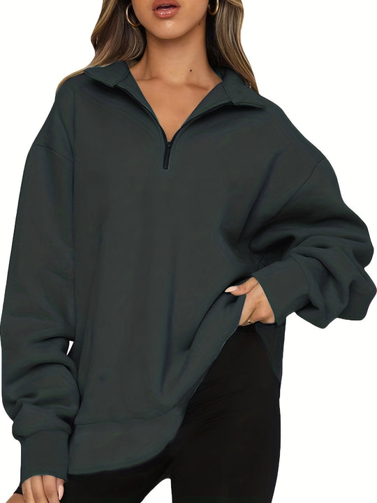 Damen nan Oversized Sweatshirt mit Kurzreißverschluss, Stehkragen und Kängurutasche EB