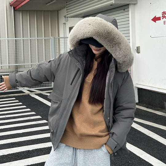 Damen isolierte Pufferjacke mit abnehmbarem Kunstfellkragen und großen Eingrifftaschen EB
