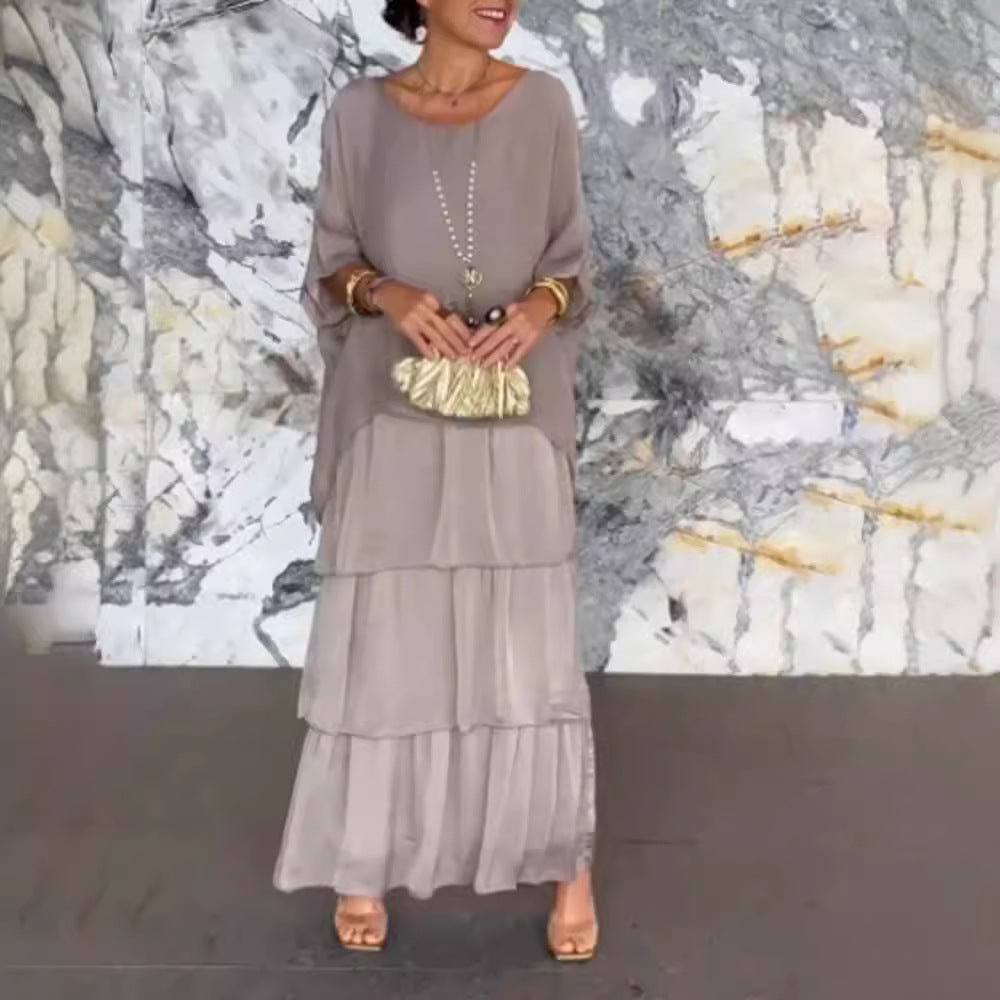 Damen nan bodenlanges Stufenkleid mit weiten Fledermausärmeln und lockerer Silhouette EB