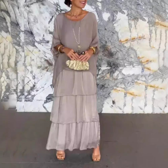 Damen nan bodenlanges Stufenkleid mit weiten Fledermausärmeln und lockerer Silhouette EB