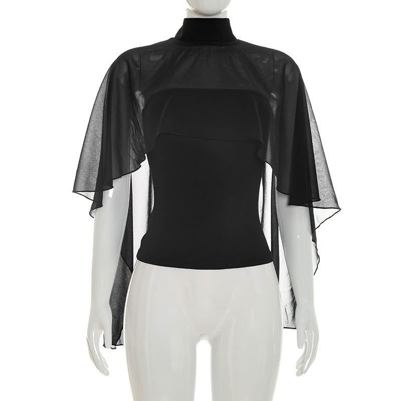 Damen elegantes Top mit transparenten Flügel-Ärmeln EB