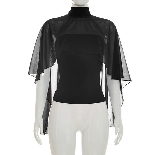 Damen elegantes Top mit transparenten Flügel-Ärmeln EB