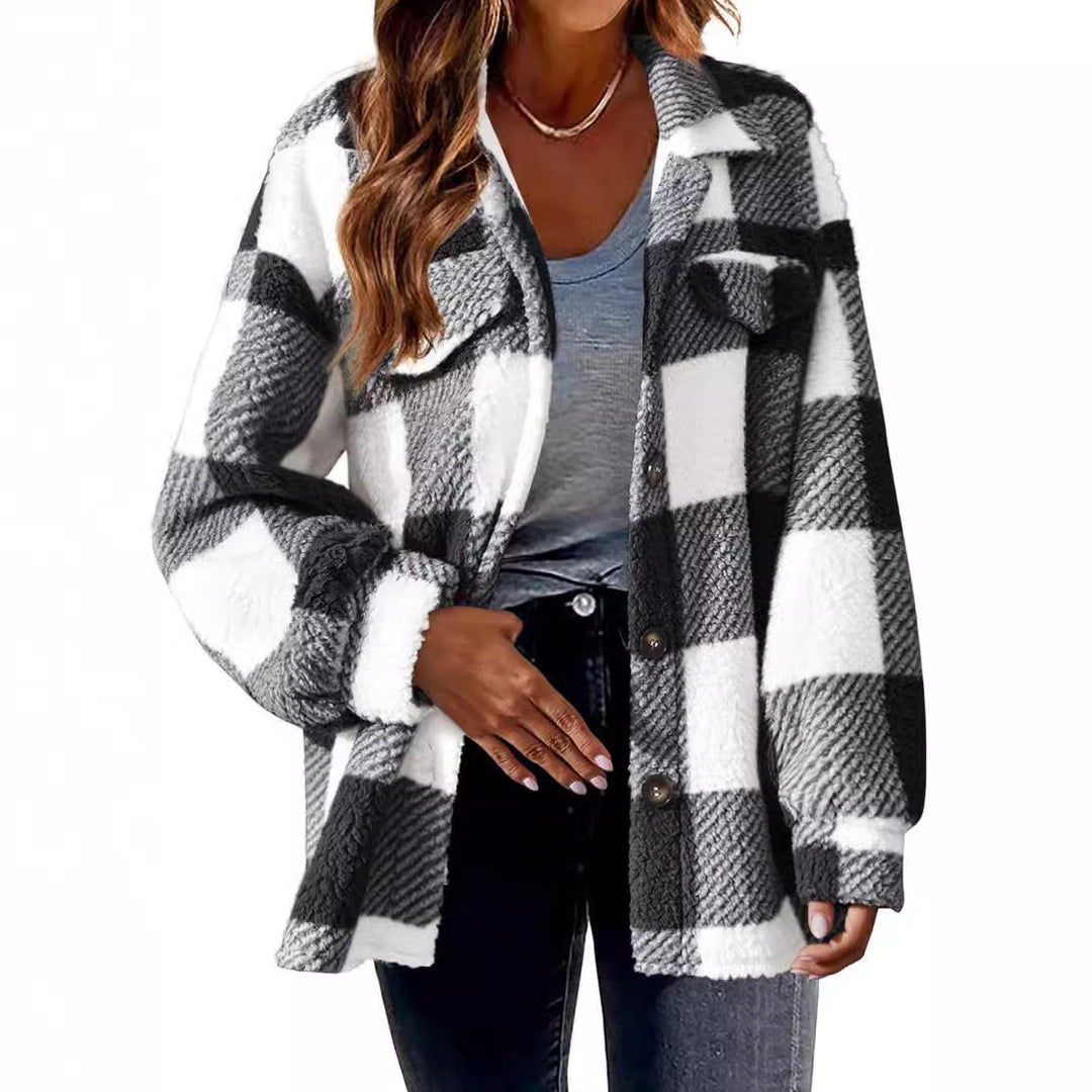 Damen nan kuschelige Sherpa-Karo-Übergangsjacke mit Brusttaschen und großzügigem Oversize-Schnitt EB