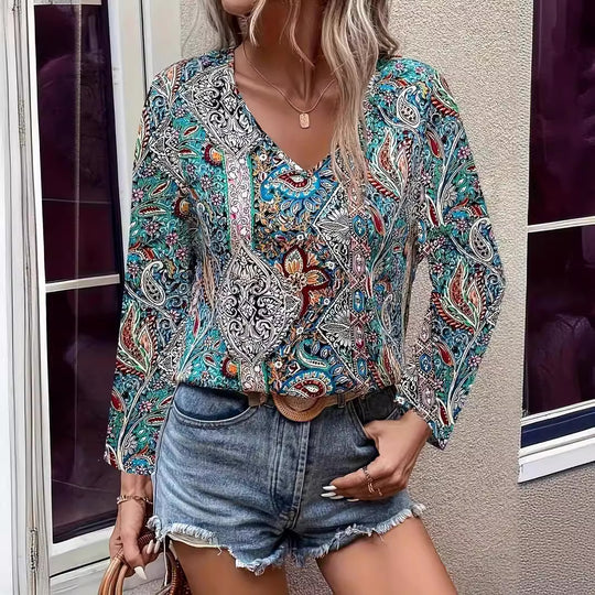 Damen Elegante Bluse mit auffälligem Paisleymuster und V-Ausschnitt EB