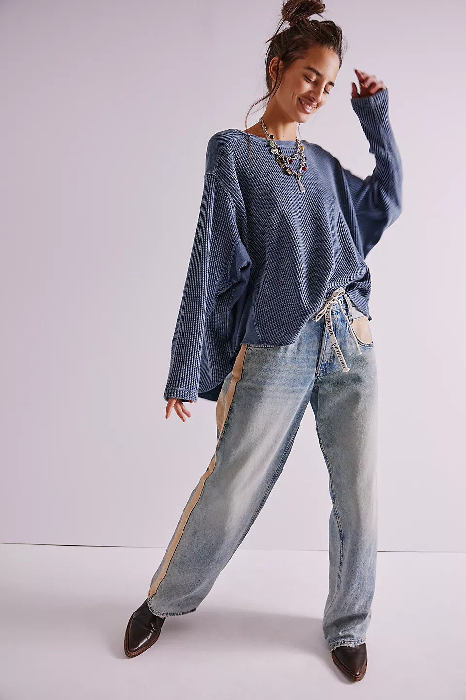 Damen Oversized Waffelstrick-Pullover mit weitem Schnitt und tiefem Raglan EB