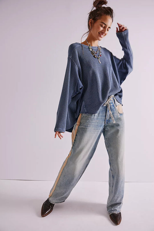 Damen Oversized Waffelstrick-Pullover mit weitem Schnitt und tiefem Raglan EB