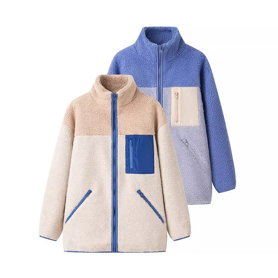 Damen oversize Fleecejacke mit hohem Kragen und praktischen Taschen EB