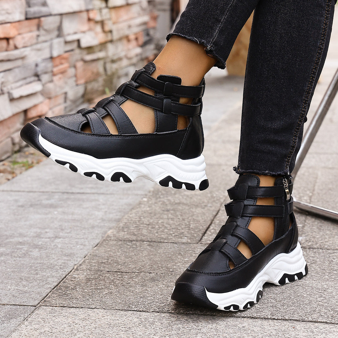 Damen  Keil-Sneaker-Sandalette mit Cut-Out Riemen, seitlichem Reißverschluss und profilierter Plateausohle EB