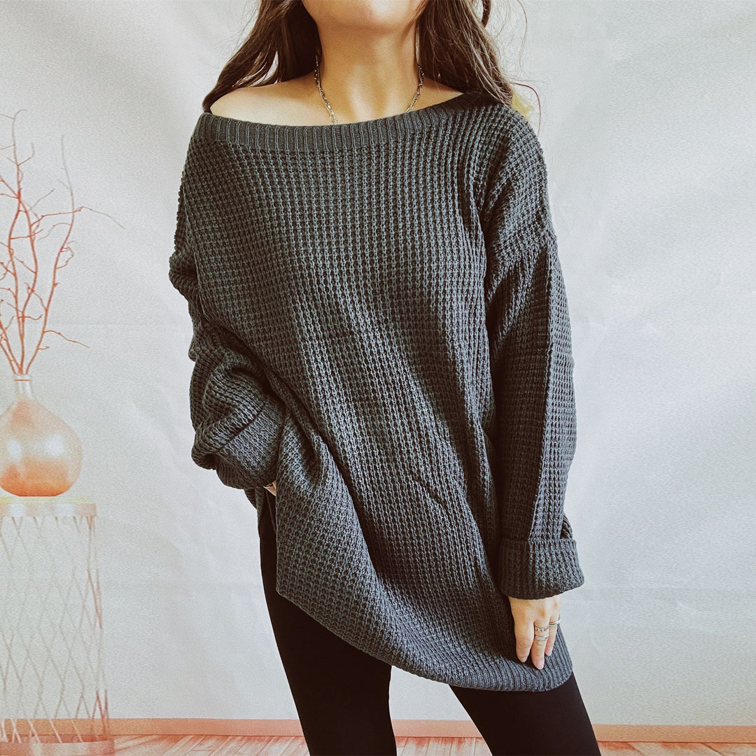 Damen lässiger Strickpullover mit weitem Schnitt und offenem Rückendesign EB