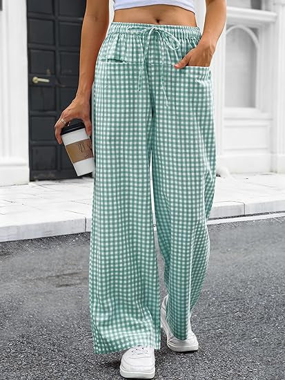 Damen Weit geschnittene Karohose mit elastischem Bund und praktischen Taschen EB
