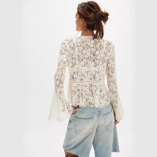Damen Spitzenbluse im romantischen Design mit weitem Arm EB