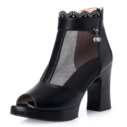 Damen Modische Peep-Toe Stiefeletten mit eleganter Mesh-Ansicht und hohem Blockabsatz EB