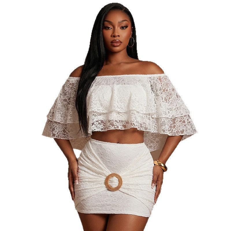 Damen Spitzen Crop-Top und Rock Set EB
