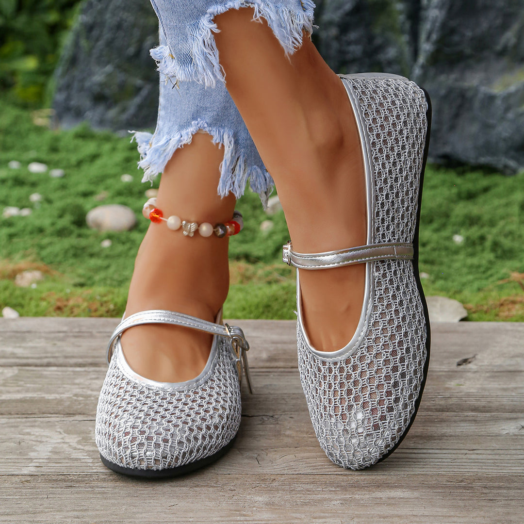 Damen Elegante Ballerinas mit modischem Netzdesign und dekorativer Schnallen-Applikation EB