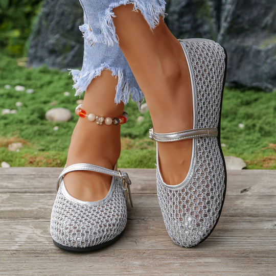 Damen Elegante Ballerinas mit modischem Netzdesign und dekorativer Schnallen-Applikation EB