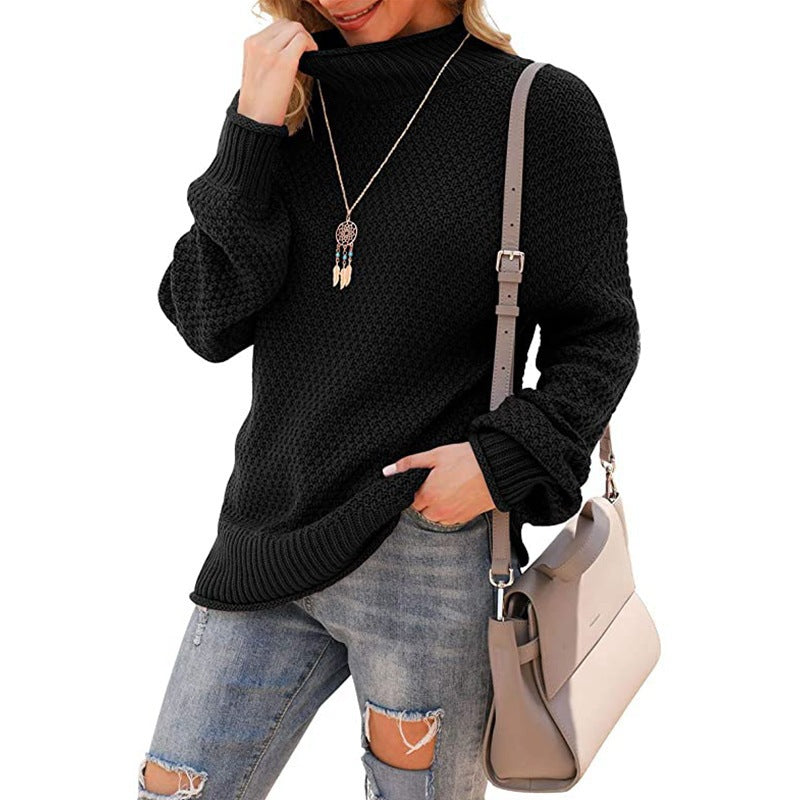 Damen Grobstrickpullover mit hohem Kragen und bequemen Ärmeln EB